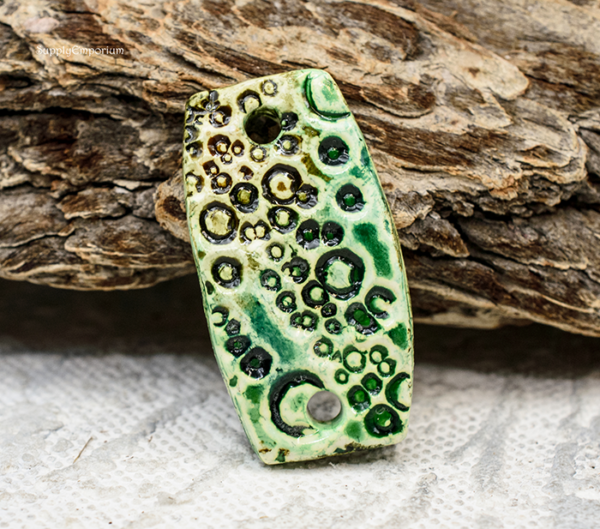 Polymer Clay Green and Tan Textured 2-Hole Connector Pendant, 1 Piece, CLAY 3719