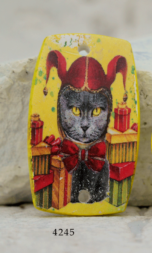 Polymer Clay Christmas Cat 2-Hole Connector Pendant, 1 Piece, CLAY 4245