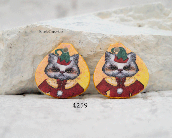 Polymer Clay Christmas Cat Earring Charms, 2 Pieces, CLAY 4259