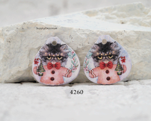 Polymer Clay Christmas Cat Earring Charms, 2 Pieces, CLAY 4260