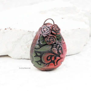 polymer clay teardrop pendant raised flowers leaves embedded loop handmade