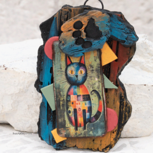 polymer clay cat pendant freeform statement image transfer layered design handmade