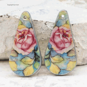 polymer clay watercolor rose teardrop earring charms image transfer