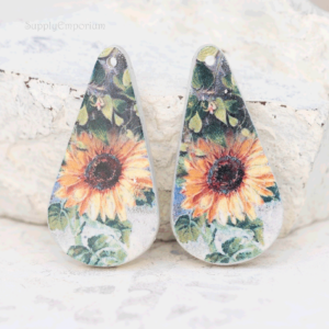 polymer clay sunflower teardrop earring charms image transfer handmade