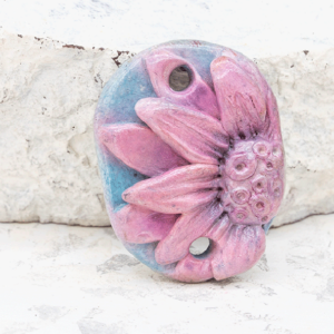 polymer clay raised flower connector pendant pink purple freeform oval 2 hole handmade