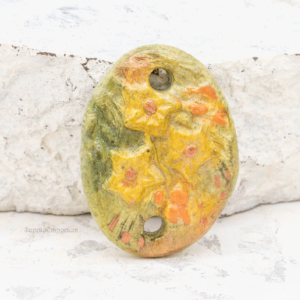 polymer clay raised flower connector pendant yellow orange freeform oval 2 hole handmade