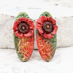 polymer clay drop earring charms red orange 3D flower oval dangle handmade pair