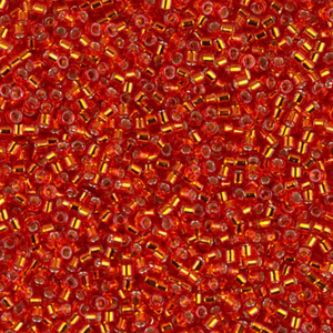 DB43 Silver Lined Flame Red 11/0 Miyuki Delica beads in vibrant silver lined flame red cylinder seed beads