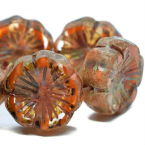 14mm Czech Flower Orange Picasso Czech Glass Beads