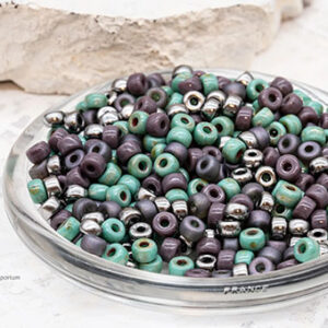 2/0 Czech Matubo seed beads in teal, purple, black, and iridescent dragonfly-inspired tones