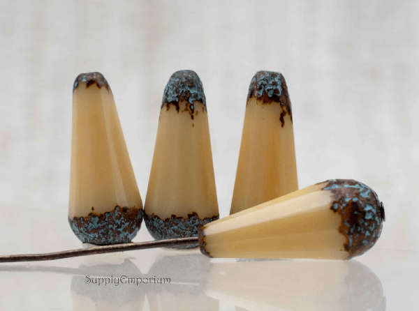 Czech Drop Beads – Etched Beige Picasso with Turquoise Wash – 20x9mm (6 Pieces) 1359 - Image 5