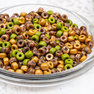 2/0 Czech Matubo seed beads in moss green, olive, brown, and earthy natural tones