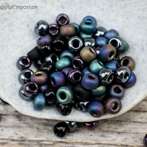 6/0 seed bead mix in dark iridescent tones including black, blue, purple, and oil slick hues