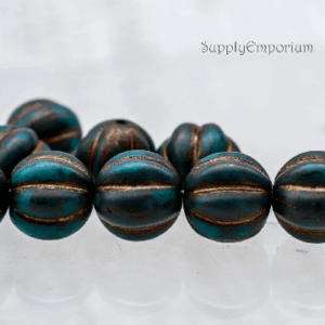 10mm Czech melon round beads in Etched Blue Green