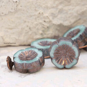 14mm turquoise silverish Picasso Czech Hawaiian flower beads