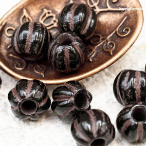 8mm black with brown wash Czech large hole melon glass beads