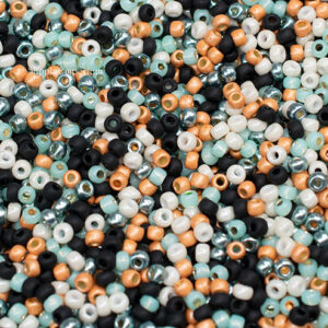 6/0 seed bead mix in green, black, cream, and earthy tones