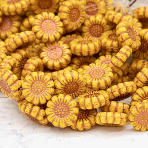 13mm czech sunflower beads opaque yellow copper wash