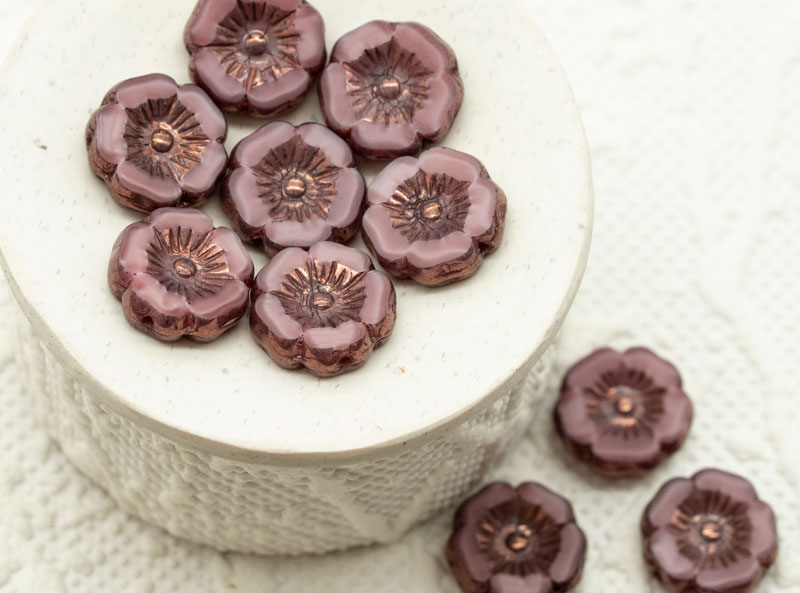12mm czech flower beads pink silk bronze picasso