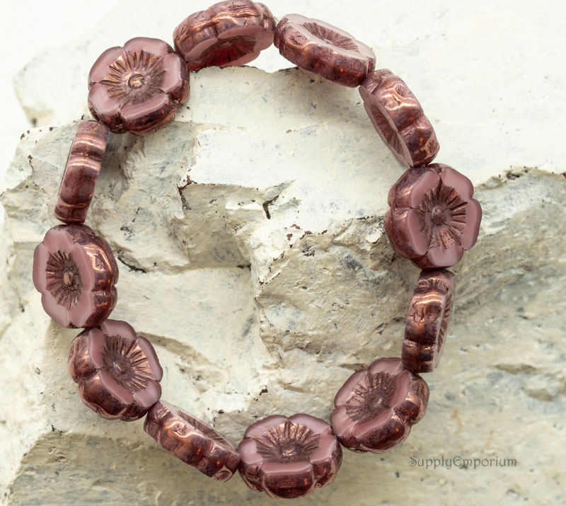 Czech Hawaiian Flower Beads – Pink Silk Bronze Picasso – 12mm (12 Pieces) 2315R - Image 11