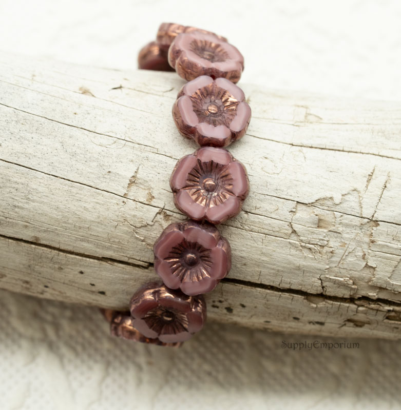 Czech Hawaiian Flower Beads – Pink Silk Bronze Picasso – 12mm (12 Pieces) 2315R - Image 2