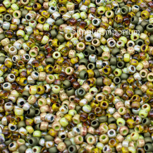 8/0 seed bead mix in grassy knoll colors featuring bright green, olive, yellow, and earthy tones