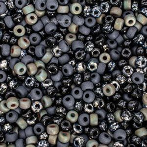 2/0 Czech Matubo seed bead mix in dark gray, black, and charcoal tones