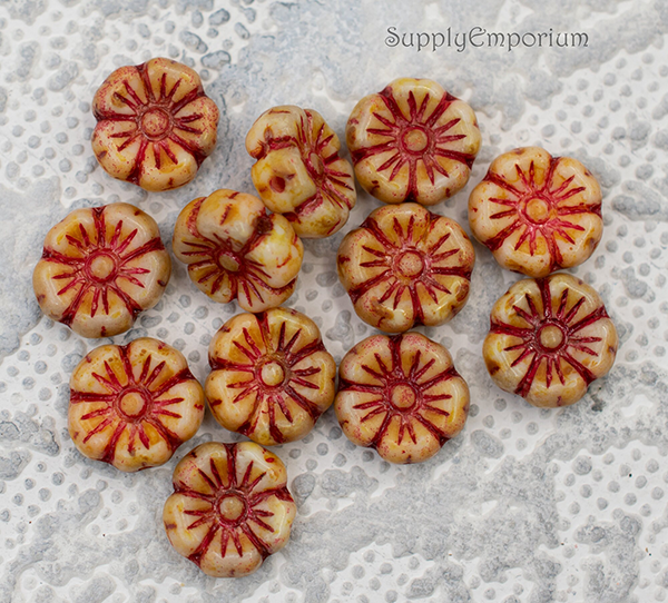 9mm Chalk White Red Wash Czech Flower - 12 pieces - 2455R - Image 3