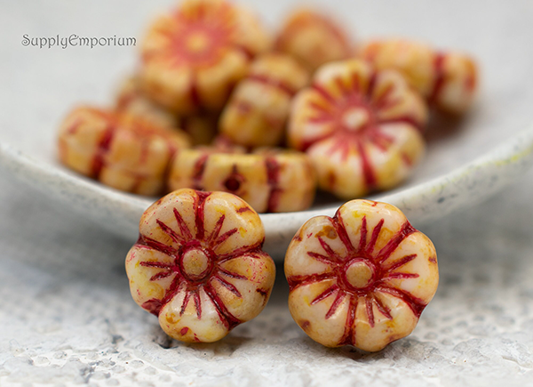 9mm Chalk White Red Wash Czech Flower - 12 pieces - 2455R