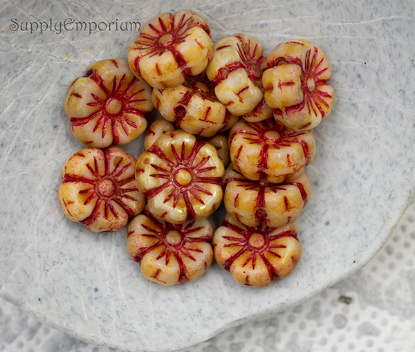 9mm Chalk White Red Wash Czech Flower - 12 pieces - 2455R - Image 2