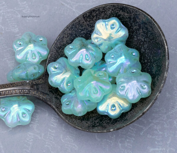 11mm Matte Aqua w/AB Czech Folklore Flower - 12  Pieces - 2457RA - Image 2