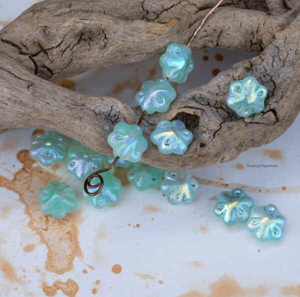 11mm Matte Aqua w/AB Czech Folklore Flower - 12  Pieces - 2457RA - Image 9