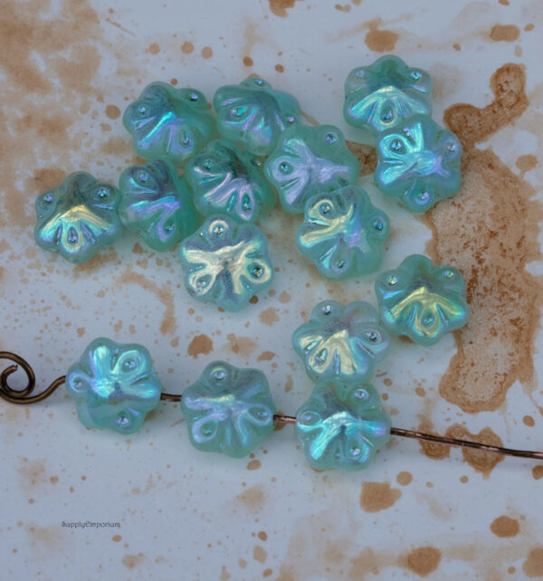 11mm Matte Aqua w/AB Czech Folklore Flower - 12  Pieces - 2457RA