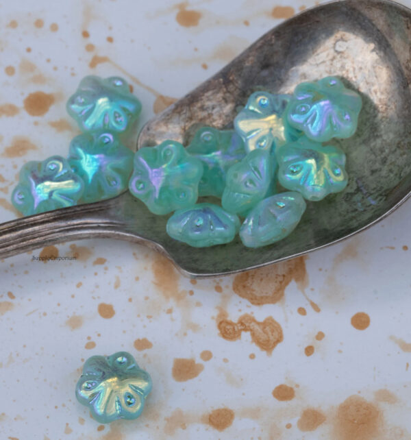 11mm Matte Aqua w/AB Czech Folklore Flower - 12  Pieces - 2457RA - Image 3