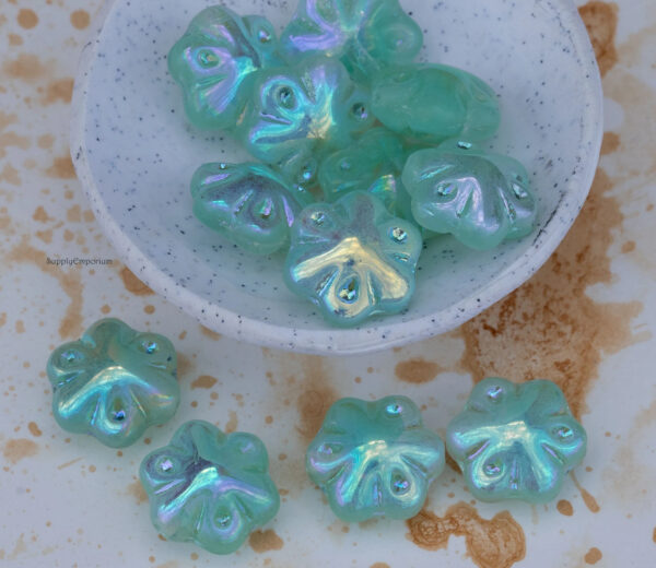 11mm Matte Aqua w/AB Czech Folklore Flower - 12  Pieces - 2457RA - Image 8