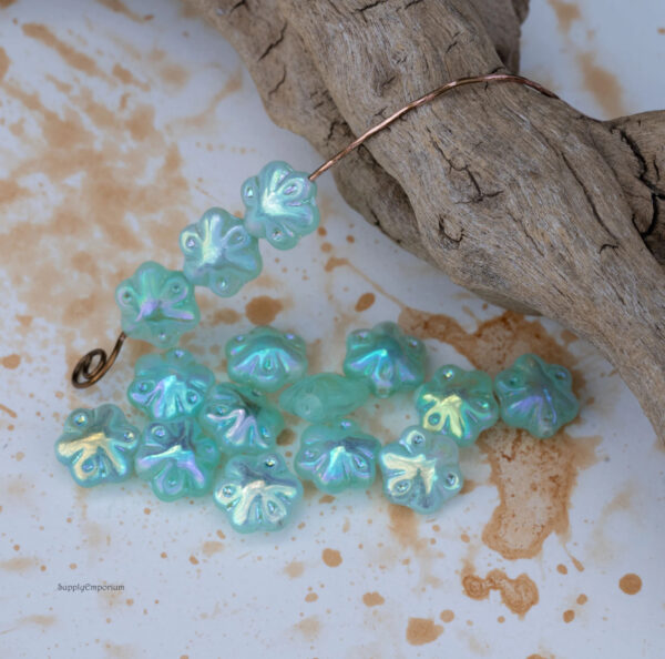 11mm Matte Aqua w/AB Czech Folklore Flower - 12  Pieces - 2457RA - Image 7