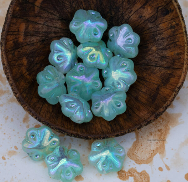 11mm Matte Aqua w/AB Czech Folklore Flower - 12  Pieces - 2457RA - Image 6