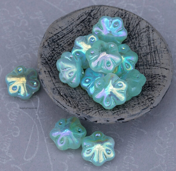 11mm Matte Aqua w/AB Czech Folklore Flower - 12  Pieces - 2457RA - Image 5