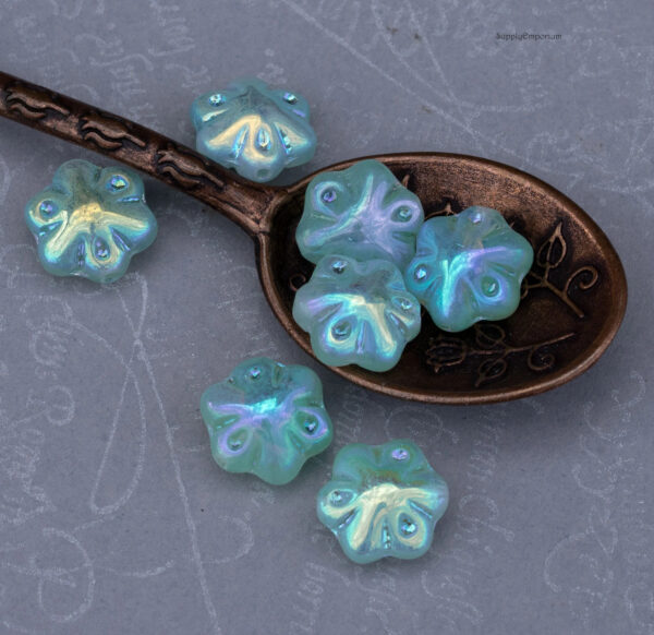11mm Matte Aqua w/AB Czech Folklore Flower - 12  Pieces - 2457RA - Image 4