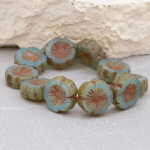 14mm Czech flower beads aqua Picasso carved