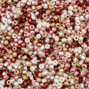 8/0 seed beads in vintage valentine tones of red, cream, blush pink, and soft romantic neutrals