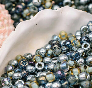 11/0 seed bead mix in water spirit colors featuring blue, gray, silver, and cool-toned hues