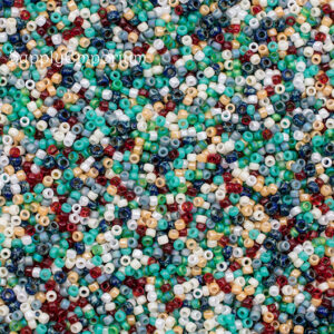 15/0 seed bead mix in multicolor variety tones including turquoise, red, cream, and earthy shades