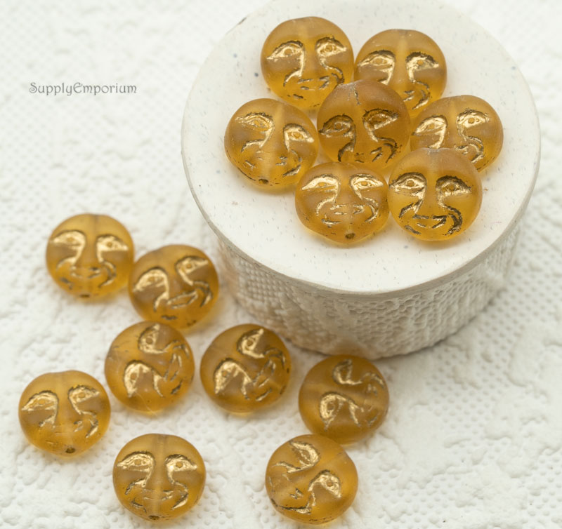 Czech Moon Face Bead – Matte Topaz w/ Gold – 13mm (15pcs) 3464RR - Image 7