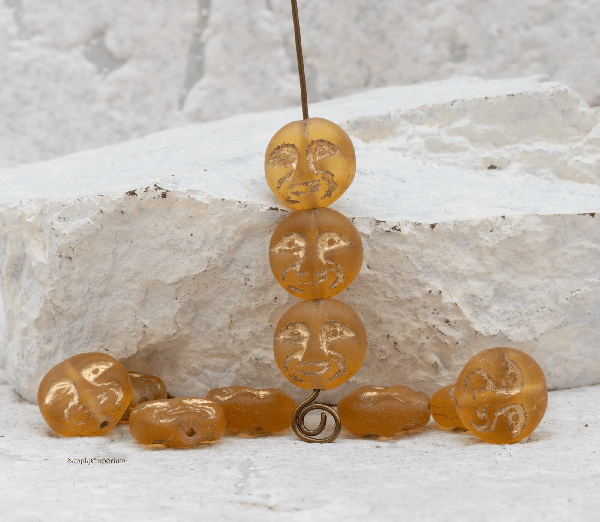 Czech Moon Face Bead – Matte Topaz w/ Gold – 13mm (15pcs) 3464RR - Image 11