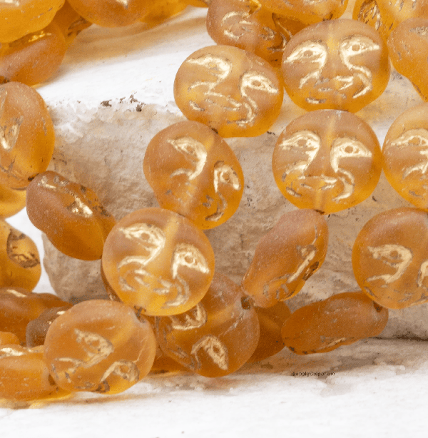 Czech Moon Face Bead – Matte Topaz w/ Gold – 13mm (15pcs) 3464RR - Image 5