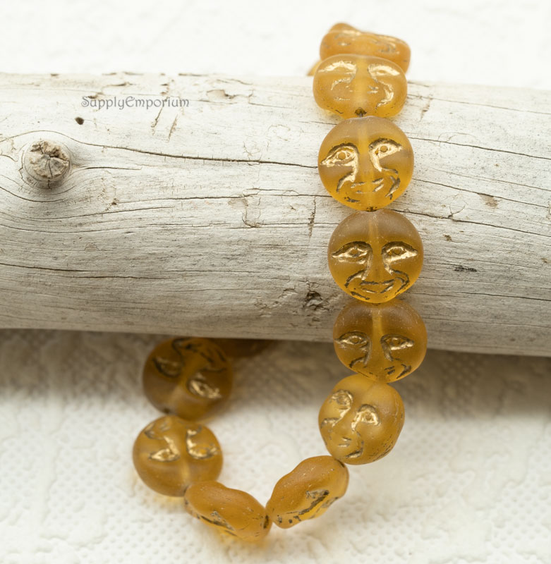 Czech Moon Face Bead – Matte Topaz w/ Gold – 13mm (15pcs) 3464RR - Image 9