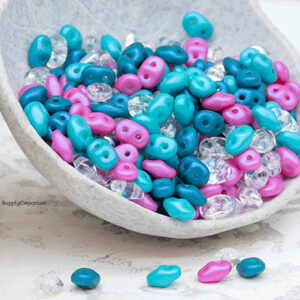 2.5x5mm Czech Superduo beads in bright turquoise, pink, and vibrant mermaid-inspired tones