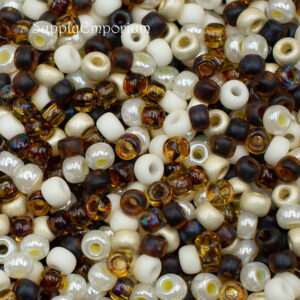 6/0 seed bead mix in brown, cream, and caramel tones resembling a rootbeer float color palette