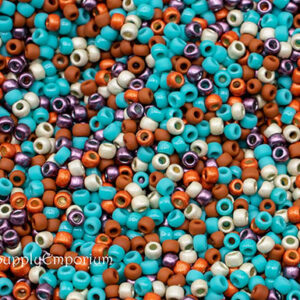 8/0 Toho seed bead mix in turquoise, red, brown, cream, and earthy tones